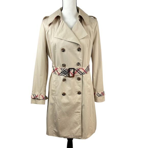 IMAN Jackets & Blazers - IMAN Women's Trench Coat Medium Beige Cotton Belted Double Breasted Plaid Trim